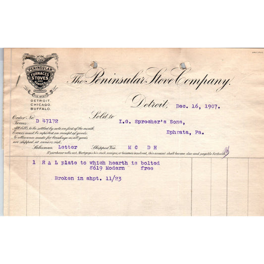 1907 The Peninsular Stove Company Detroit MI Letterhead Billhead Receipt D11