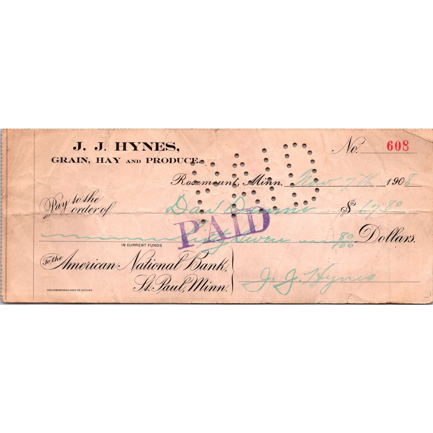 1908 J.J. Hynes Grain & Produce Rosemount MN Bank Check AJ4-1