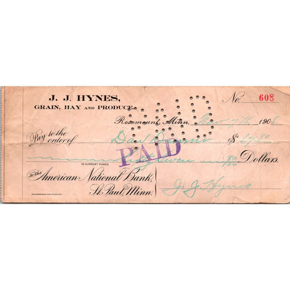 1908 J.J. Hynes Grain & Produce Rosemount MN Bank Check AJ4-1