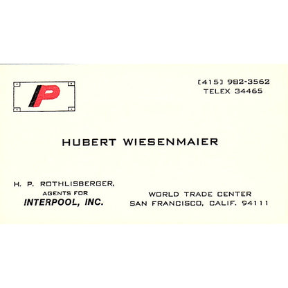 Hubert Wiesenmaier Rothlisberger San Francisco CA Vintage Business Card SB4-B5