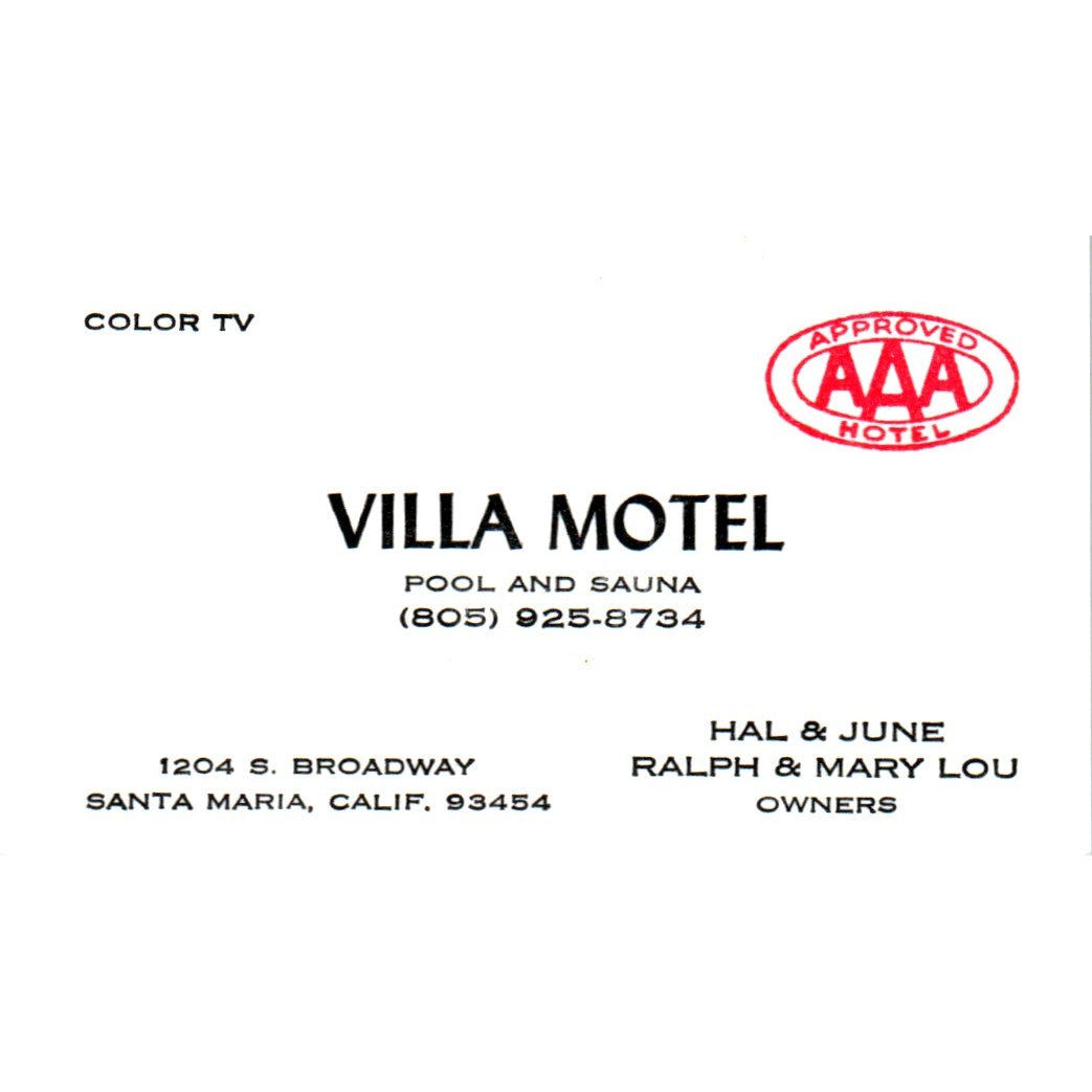 Villa Motel Santa Maria CA Hal June Ralph Mary Lou Vintage Business Card SD8-B22