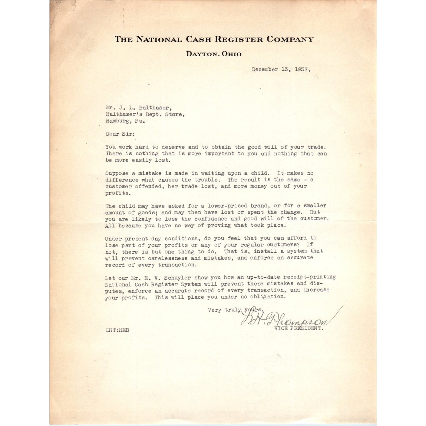 1937 National Cash Register Company Dayton Ohio Letterhead Memo D20