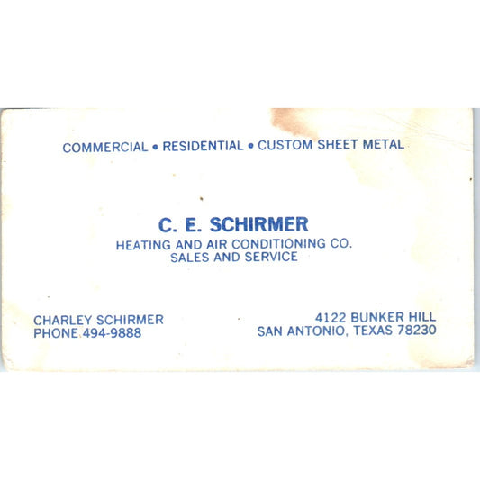 Charley C.E Schirmer Heating & Air Conditioning San Antonio Business Card SD4-B1