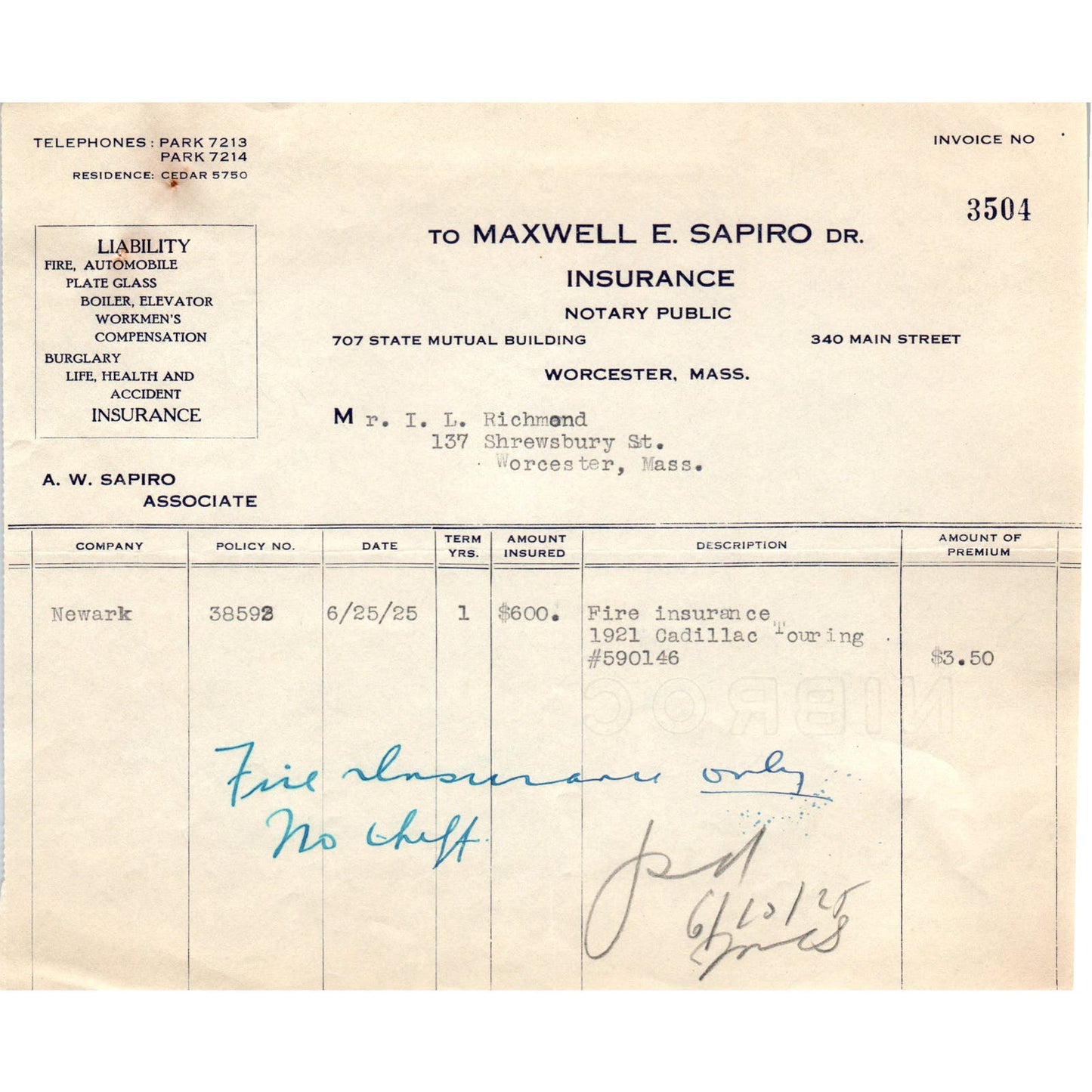 Maxwell E. Sapiro Ins Worcester 1925 Original Billhead Letterhead Receipt D8-LL