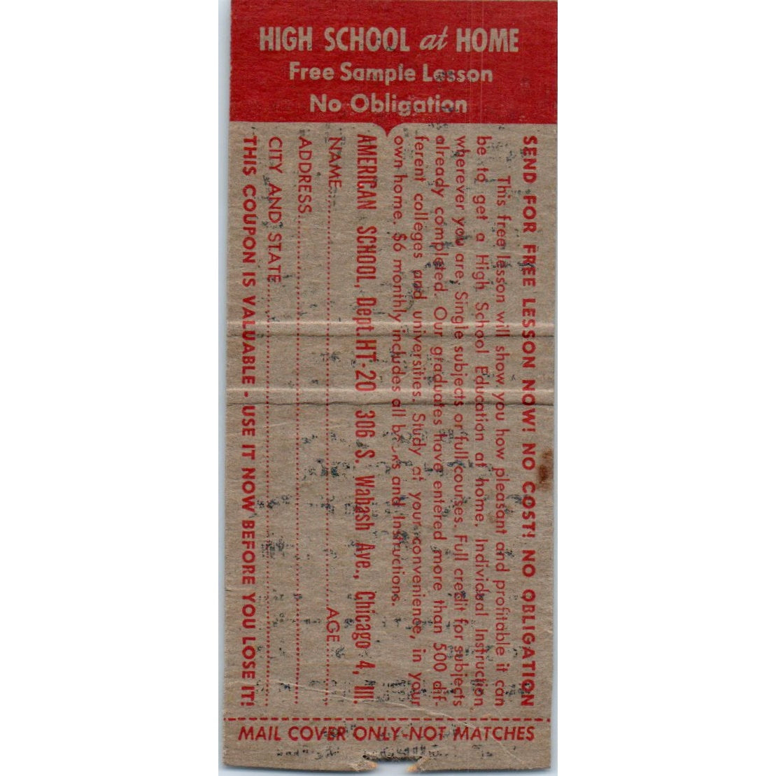 Hands Tied? High School Diploma by Mail Vintage Matchbook Cover SF4-Y8