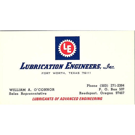 Lubrication Engineers William A. O'Connor Reedsport Oregon, Business Card SF3-B5