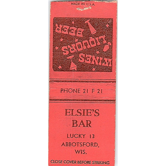 Elsie's Bar Lucky 13 Abbotsford WI Vintage Matchbook Cover SC7-Y8