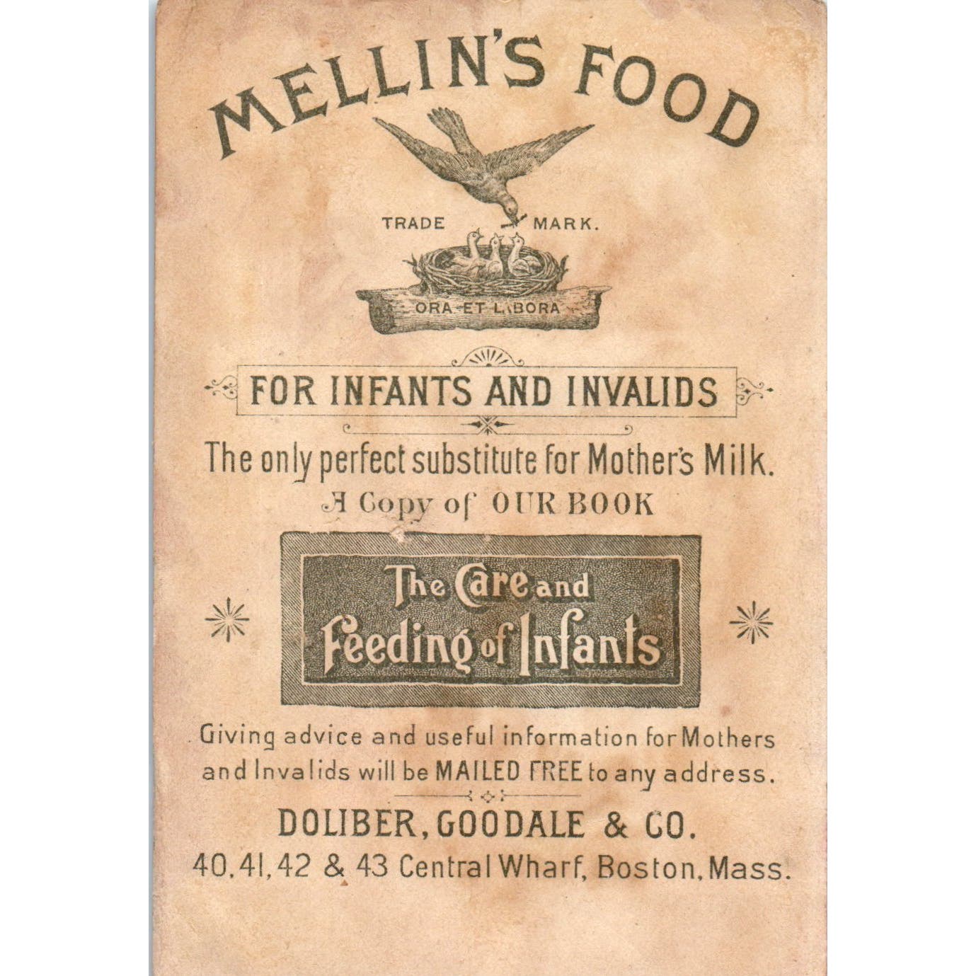 Mellin's Food Doliber Goodale & Co Boston MA c1880 Victorian Trade Card AE5