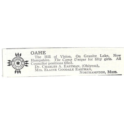 Oahe Camp on Granite Lake Charles A. Eastman Northampton c1918 Ad AE5-SA11