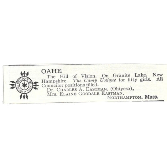Oahe Camp on Granite Lake Charles A. Eastman Northampton c1918 Ad AE5-SA11