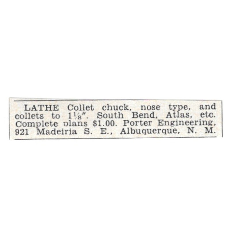 Lathe Collet Chuck - Porter Engineering Albuquerque NM 1955 Ad AG1-S3