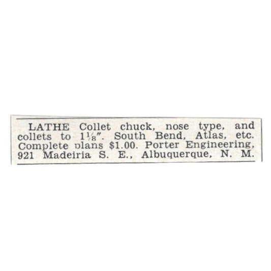 Lathe Collet Chuck - Porter Engineering Albuquerque NM 1955 Ad AG1-S3