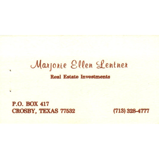 Marjorie Ellen Lenter Real Estate Crosby TX Vintage Business Card SD8-B2