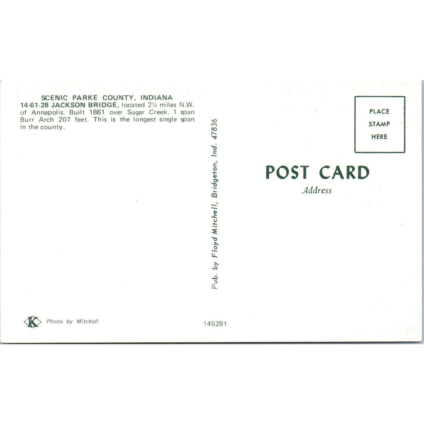 Scenic Parke County IN Bridge 14-61-28 Vintage Covered Bridge Postcard PD3