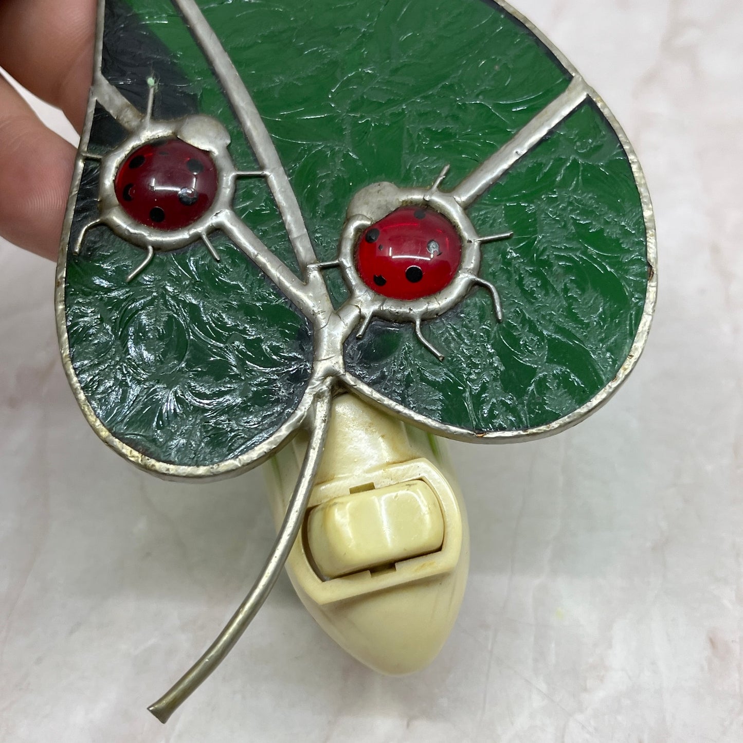 Vintage Ladybugs on Leaf Stained Glass Suncatcher Nightlight TH9