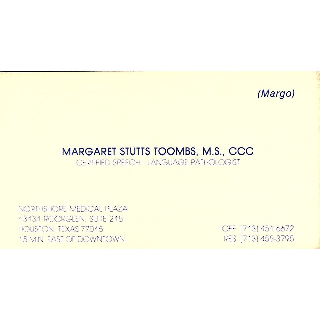 Margaret Stutts Toombs MS CCC Houston Vintage Business Card SD9-B7