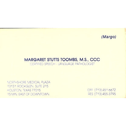 Margaret Stutts Toombs MS CCC Houston Vintage Business Card SD9-B7