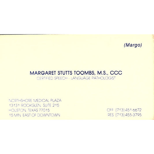 Margaret Stutts Toombs MS CCC Houston Vintage Business Card SD9-B7