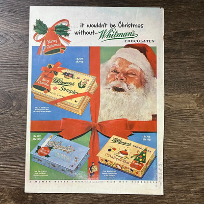Vintage Christmas Whitman's Sampler Santa Claus Magazine Ad 10x14 V3