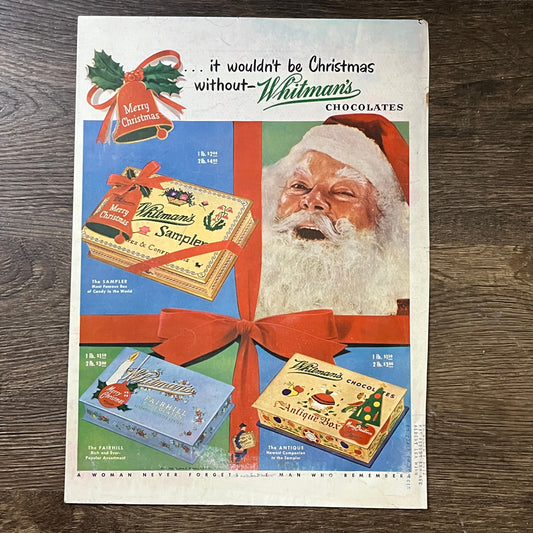 Vintage Christmas Whitman's Sampler Santa Claus Magazine Ad 10x14 V3