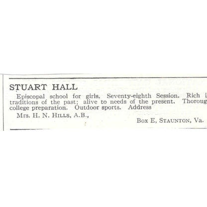 Stuart Hall H.N. Hills Staunton VA c1918 Original Advertisement AE5-SV4