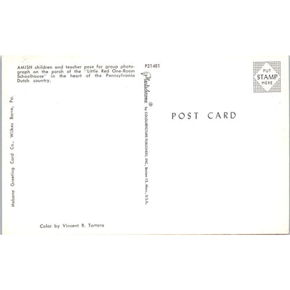 Amish Children & Teacher Red Schoolhouse Pennsylvania Dutch Country Postcard PD8