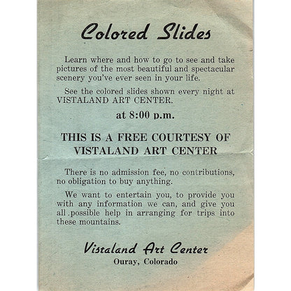 1950s Vistaland Art Center Ouray Colorado Colored Slides Demo Leaflet AF9-H2