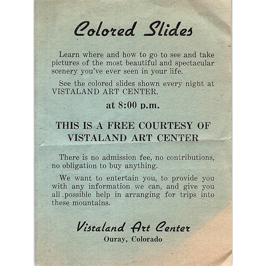 1950s Vistaland Art Center Ouray Colorado Colored Slides Demo Leaflet AF9-H2