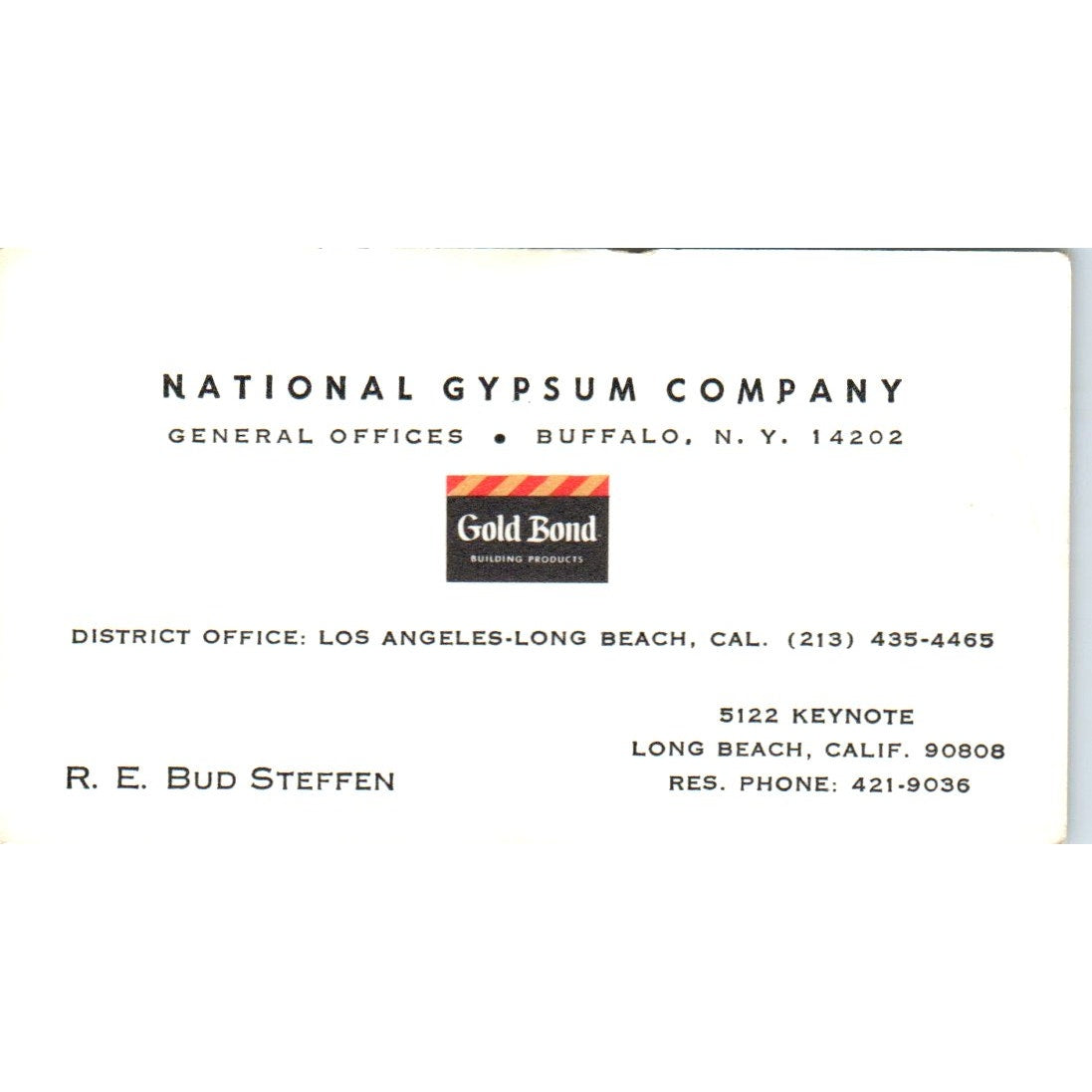 R.E. Bud Steffen National Gypsum Co Long Beach CA Vintage Business Card SD8-B3