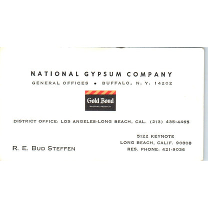 R.E. Bud Steffen National Gypsum Co Long Beach CA Vintage Business Card SD8-B3