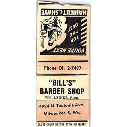 Bill's Barber Shop Wm. Leiner Milwaukee WI Vintage Matchbook Cover SF3-Y9