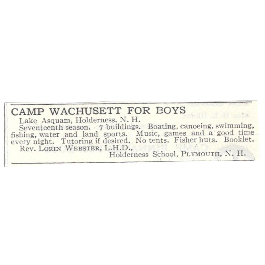 Camp Wachusett Lake Asquam Holderness Lorin Webster c1918 Advertisement AE5-SA4