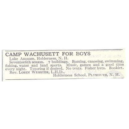 Camp Wachusett Lake Asquam Holderness Lorin Webster c1918 Advertisement AE5-SA4