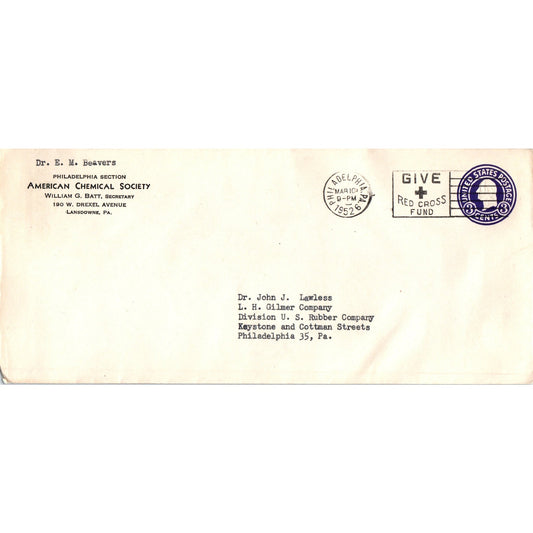 1952 Dr. E.M. Beavers American Chemical Society Postal Cover Envelope TH9-L1