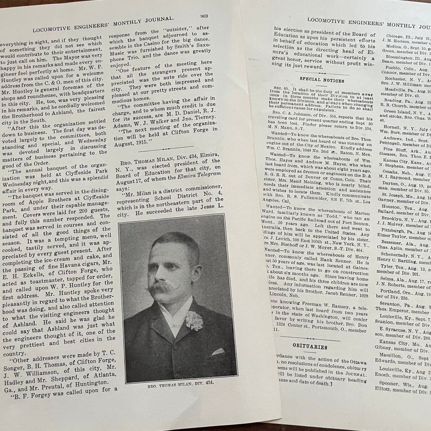 Bio & Photo of Brother Thomas Milan Div 434 - 1914 Original 2 Page Article AF3-2