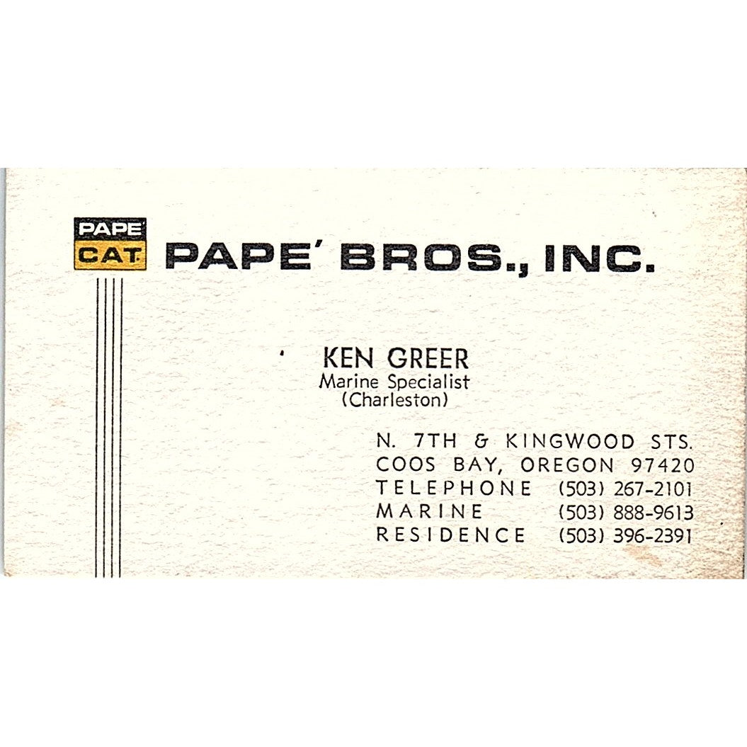 Pape' Bros Inc. Ken Greer Coos Bay Oregon  Vintage Business Card SB4-B4