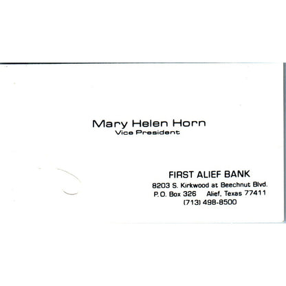 Mary Helen Horn First Alief Bank Texas Vintage Business Card SE3-B9