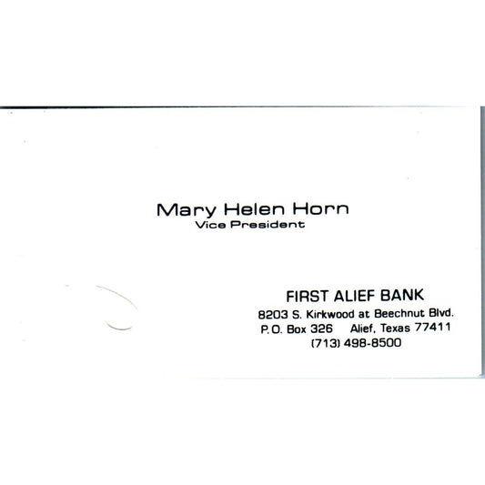 Mary Helen Horn First Alief Bank Texas Vintage Business Card SE3-B9