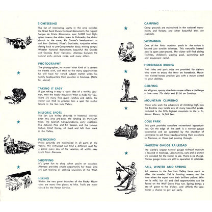 c1950 Alamosa Colorado Fold Out Travel Information Guide Leaflet AF9-2