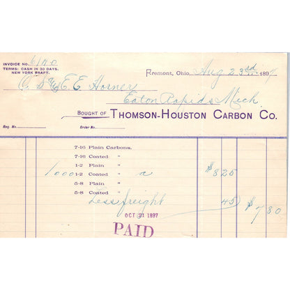 1897 Thomson-Houston Carbon Co Fremont Ohio Billhead Letterhead D17