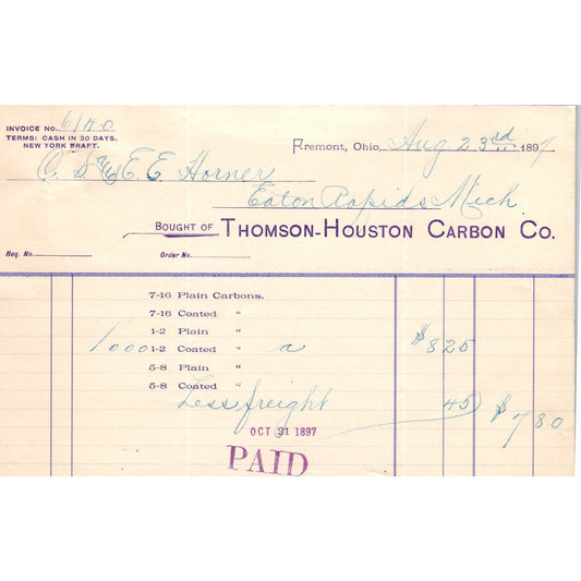 1897 Thomson-Houston Carbon Co Fremont Ohio Billhead Letterhead D17