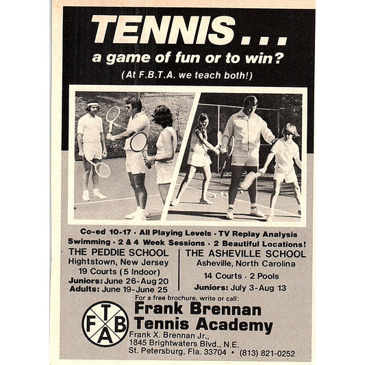 Frank Brennan Tennis Academy St. Petersburg FL 1977 Ad AF3-M1