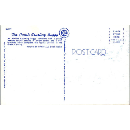 Young Couple in Amish Courting Buggy Pennsylvania Dutch Country Postcard PD8