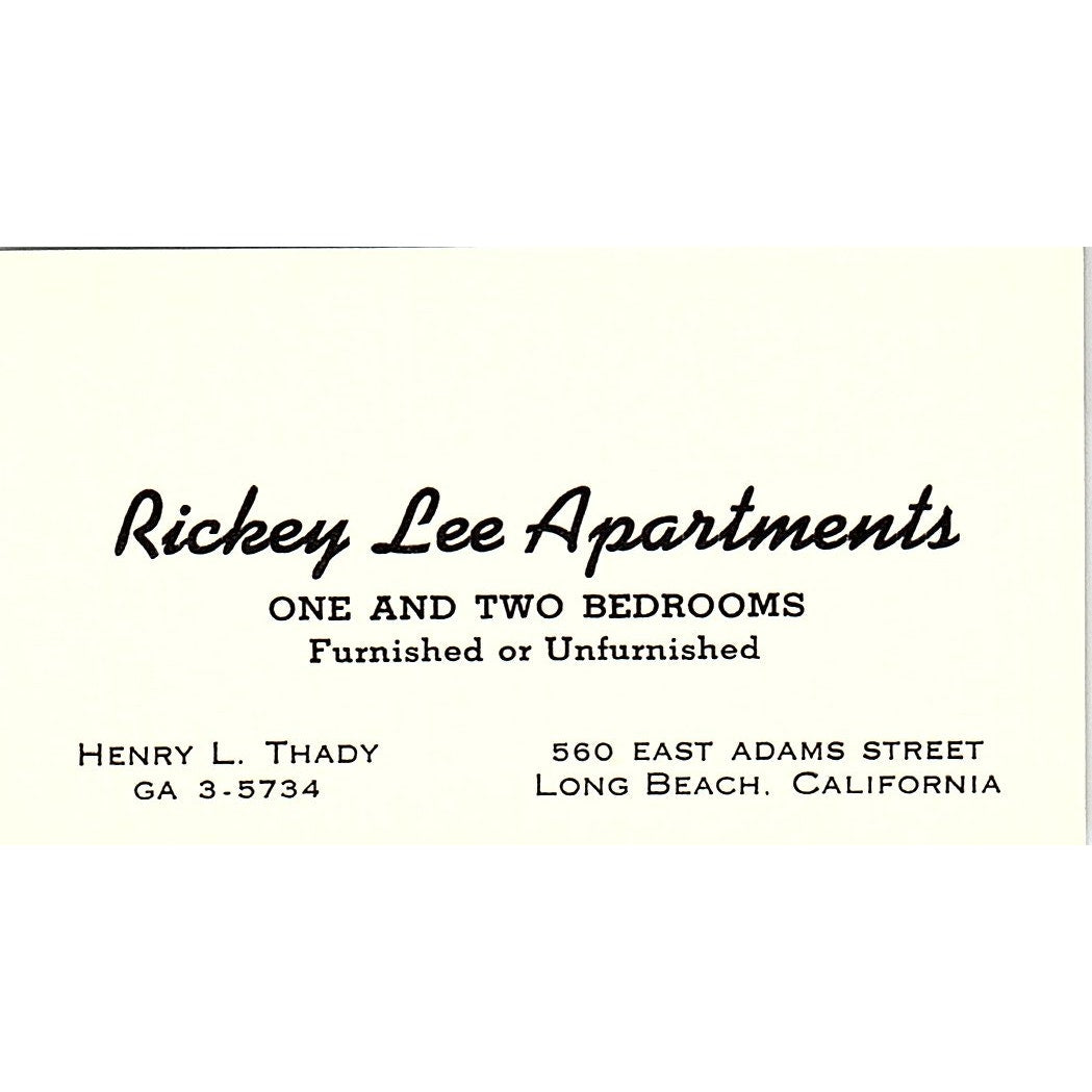 Rickey Lee Apartments Henry L Thady Long Beach CA Vintage Business Card SE3-B15