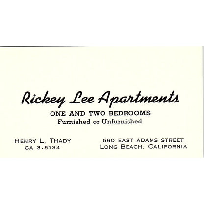 Rickey Lee Apartments Henry L Thady Long Beach CA Vintage Business Card SE3-B15