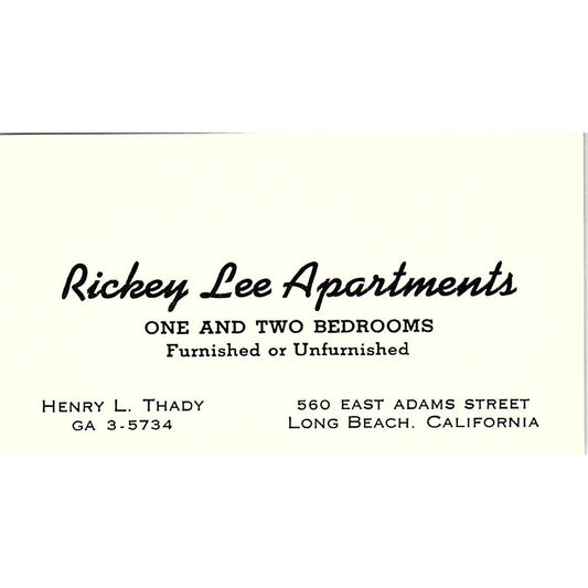 Rickey Lee Apartments Henry L Thady Long Beach CA Vintage Business Card SE3-B15