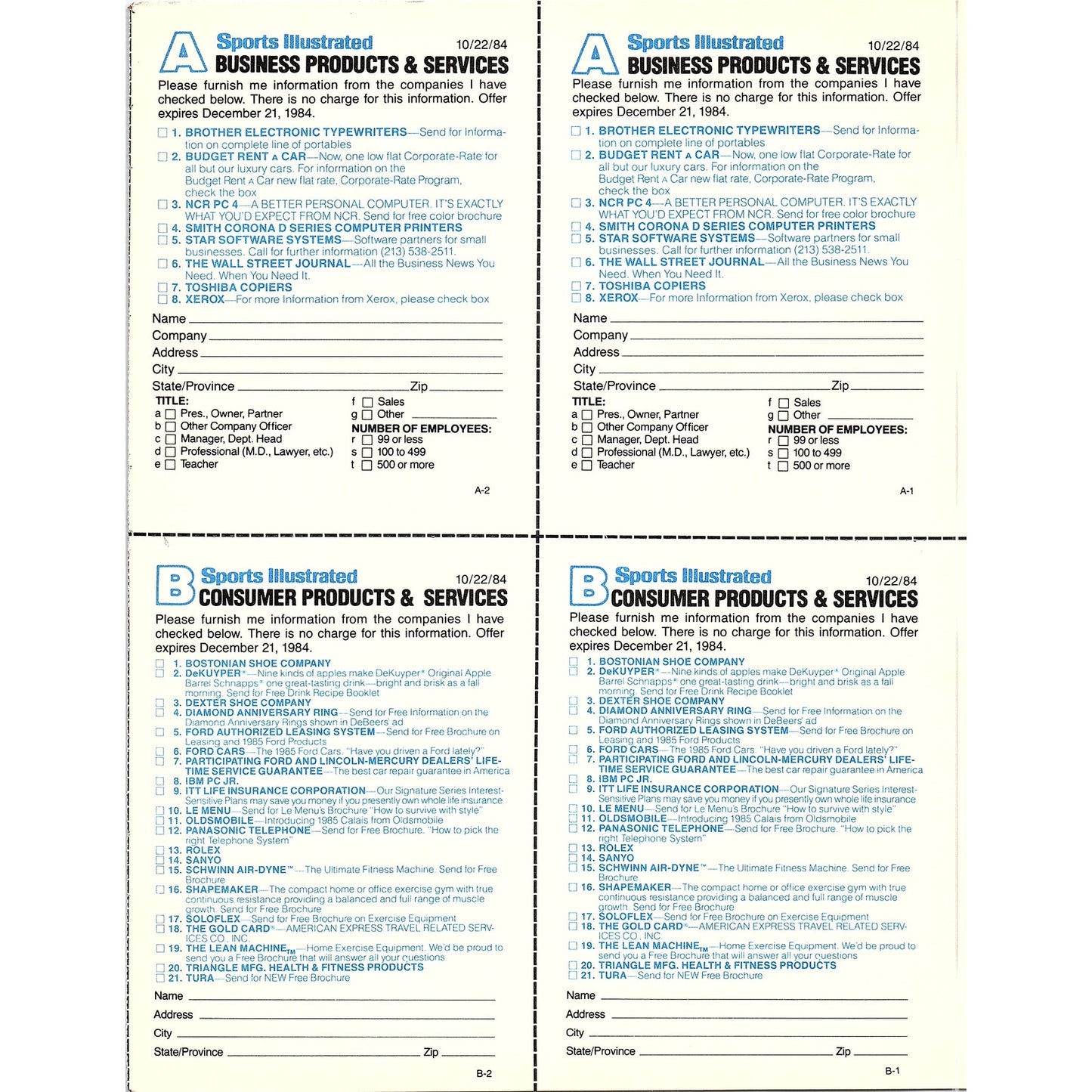 Sports Illustrated Products & Services Postal Mailing Cards 1984 Ad AF8-5