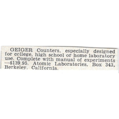 Geiger Counters - Atomic Laboratories, Berkeley CA 1955 Ad AG1-S6