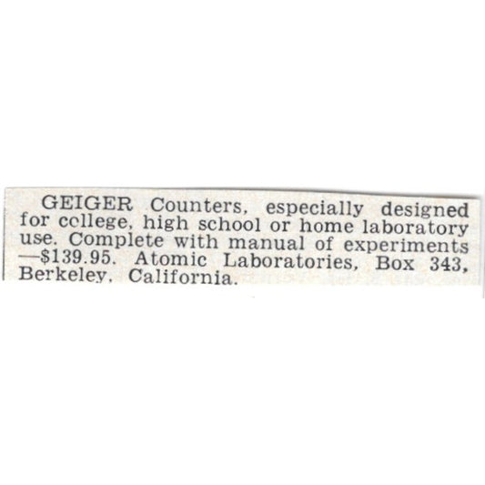 Geiger Counters - Atomic Laboratories, Berkeley CA 1955 Ad AG1-S6