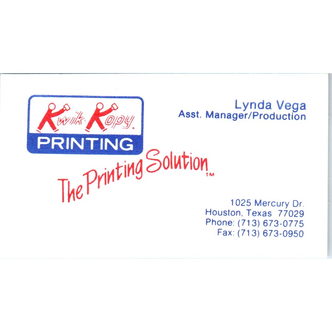 Lynda Vega Kwik Kopy Printing Houston Vintage Business Card SD8-B19